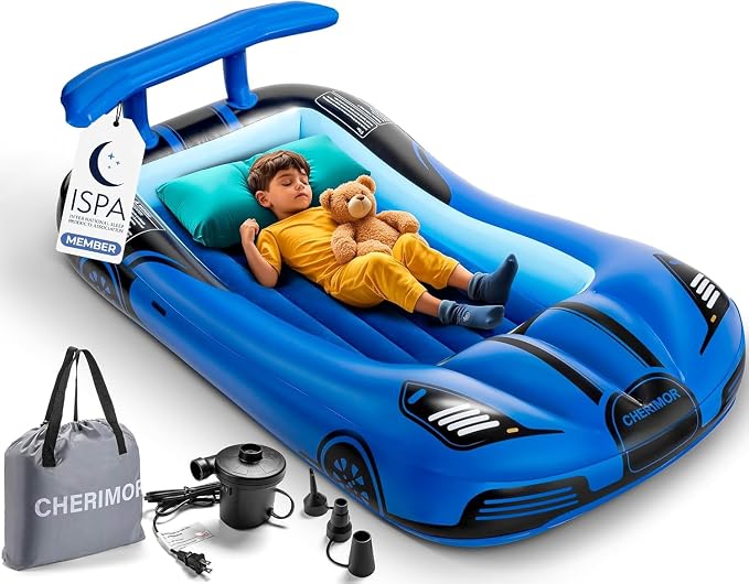 USADO-SOLO INCLUYE EL INFLABLE Y LA BOMBA AUTOMATICA-CHERIMOR Cama de viaje inflable para niños pequeños con bomba automática