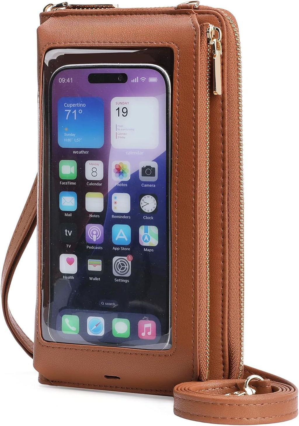 Bolso bandolera GOIACII para mujer, cartera pequeña de viaje con pantalla táctil y bloqueo RFID, color marrón.