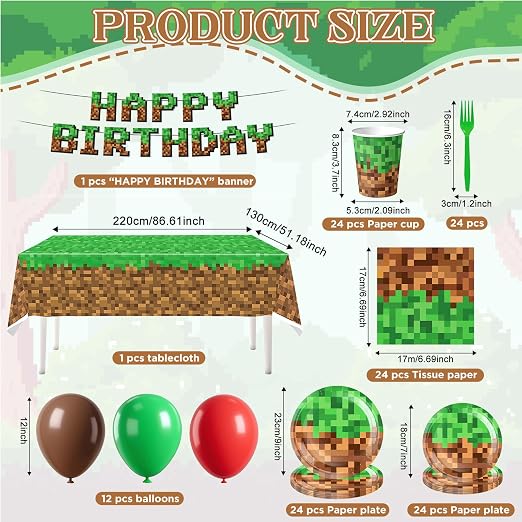 Kit de Fiesta Cumpleaños Diseño Pixelado 134 Piezas | Para 24 Invitados
