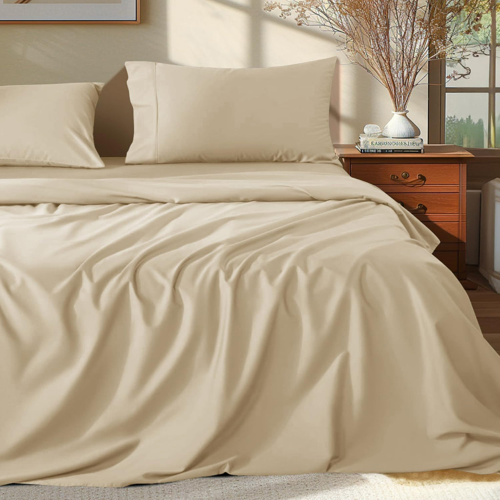 Shilucheng 100% Egyptian Cotton King Size Sheets Set - 1000 Thread Count，Luxury Cotton Bed Sheets，Breathable & Cooling Bedding and Pillow Cases, 16 Inch Deep Pocket - 4 Piece (Beige, King)