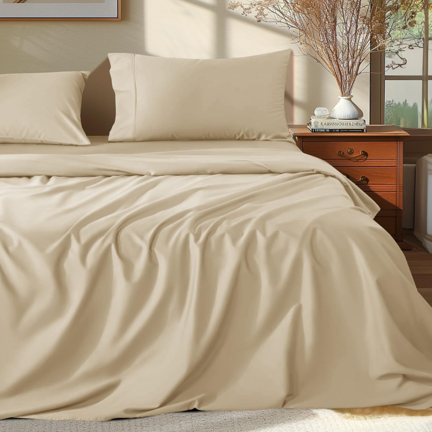 Shilucheng 100% Egyptian Cotton King Size Sheets Set - 1000 Thread Count，Luxury Cotton Bed Sheets，Breathable & Cooling Bedding and Pillow Cases, 16 Inch Deep Pocket - 4 Piece (Beige, King)