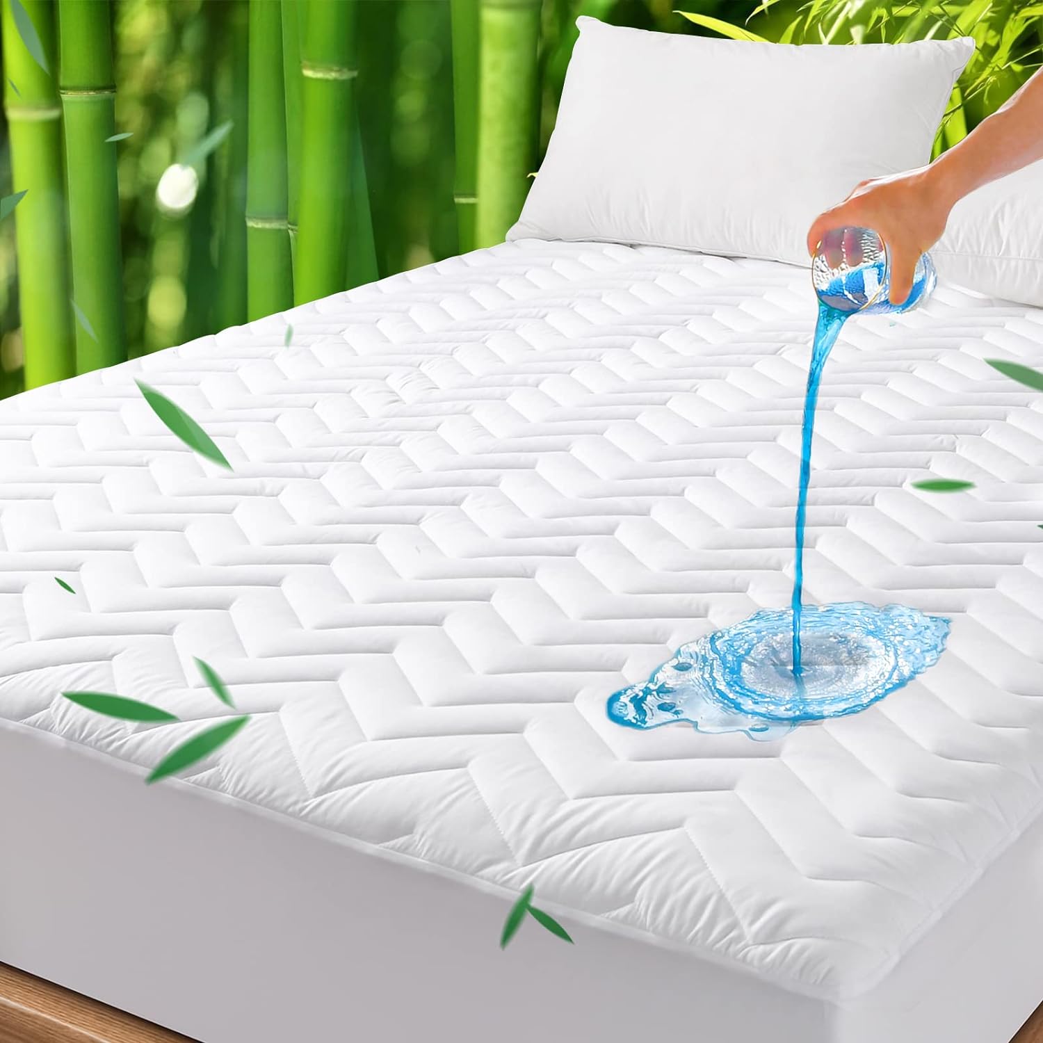Unilibra Queen Size Waterproof Mattress Pad Rayon Made from Bamboo, Quilted Breathable Mattress Protector, 6''-25'' Deep Pocket Fitted Mattress Cover White
