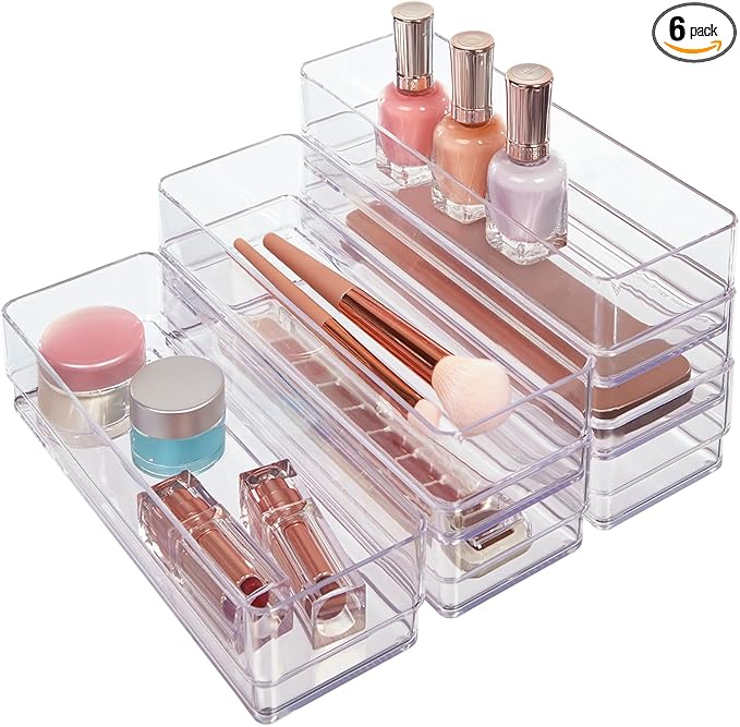 STORi SimpleSort Juego de 6 organizadores de cajones transparentes apilables | Bandejas rectangulares de 9 x 3 x 2 pulgadas | Contenedores estrechos de almacenamiento de maquillaje y separadores