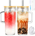 Birity Tazas de vidrio de 24oz con tapas y popotes, vaso de vidrio con asa, 2 juegos – Tazas de café helado reutilizables con tapa y popote para batidos, té, jugo, taza boba para bebidas frías
