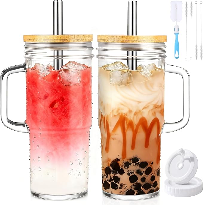 Birity Tazas de vidrio de 24oz con tapas y popotes, vaso de vidrio con asa, 2 juegos – Tazas de café helado reutilizables con tapa y popote para batidos, té, jugo, taza boba para bebidas frías