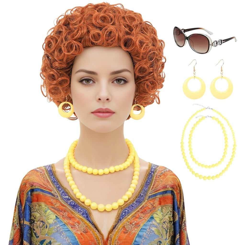Peluca rizada roja anaranjada de Bettecos para mujer, disfraz, peluca corta de cabello sintético rojo anaranjado con collar de cuentas amarillas, pendientes y gafas para adultos, cosplay de mujer, fiesta de Halloween