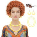 Peluca rizada roja anaranjada de Bettecos para mujer, disfraz, peluca corta de cabello sintético rojo anaranjado con collar de cuentas amarillas, pendientes y gafas para adultos, cosplay de mujer, fiesta de Halloween