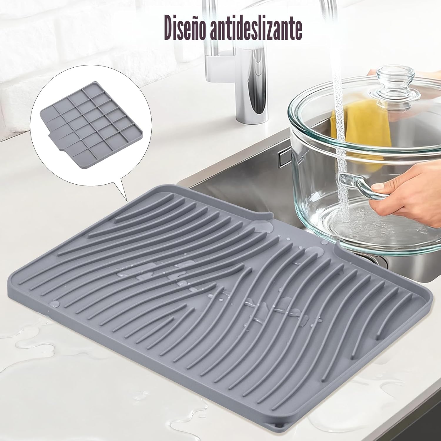TIKNIK Tapete de silicona para secar platos para encimera de cocina, almohadilla de secado de platos, almohadilla de drenaje antideslizante con drenaje integrado, tapete de secado de piedra resistente
