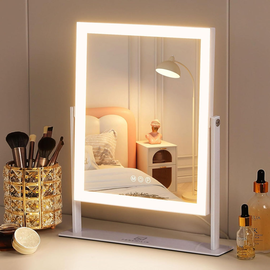 Espejo de tocador FENCHILIN con luces de 30 x 25 cm, espejo de maquillaje iluminado y espejo Hollywood con control táctil inteligente, luz LED regulable de 3 colores, rotación de 360° y aumento de 10X (blanco). 