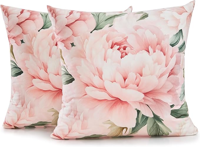 Juego de 2 fundas de almohada florales de peonía rosa de 16 x 16 pulgadas, fundas de cojín decorativas de terciopelo suave, decoración de casa rural elegante para sofá cama