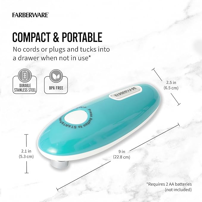 Farberware Abrelatas automático compacto con pilas, manos libres, para cualquier tamaño de lata, con imán para quitar de forma segura la tapa, apertura sin costuras que disminuye los bordes afilados
