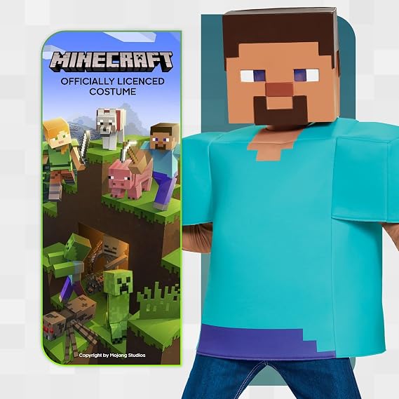 Disfraz Steve Minecraft Licencia Oficial | ADULTO Talla L/XL | Túnica + Máscara 3D