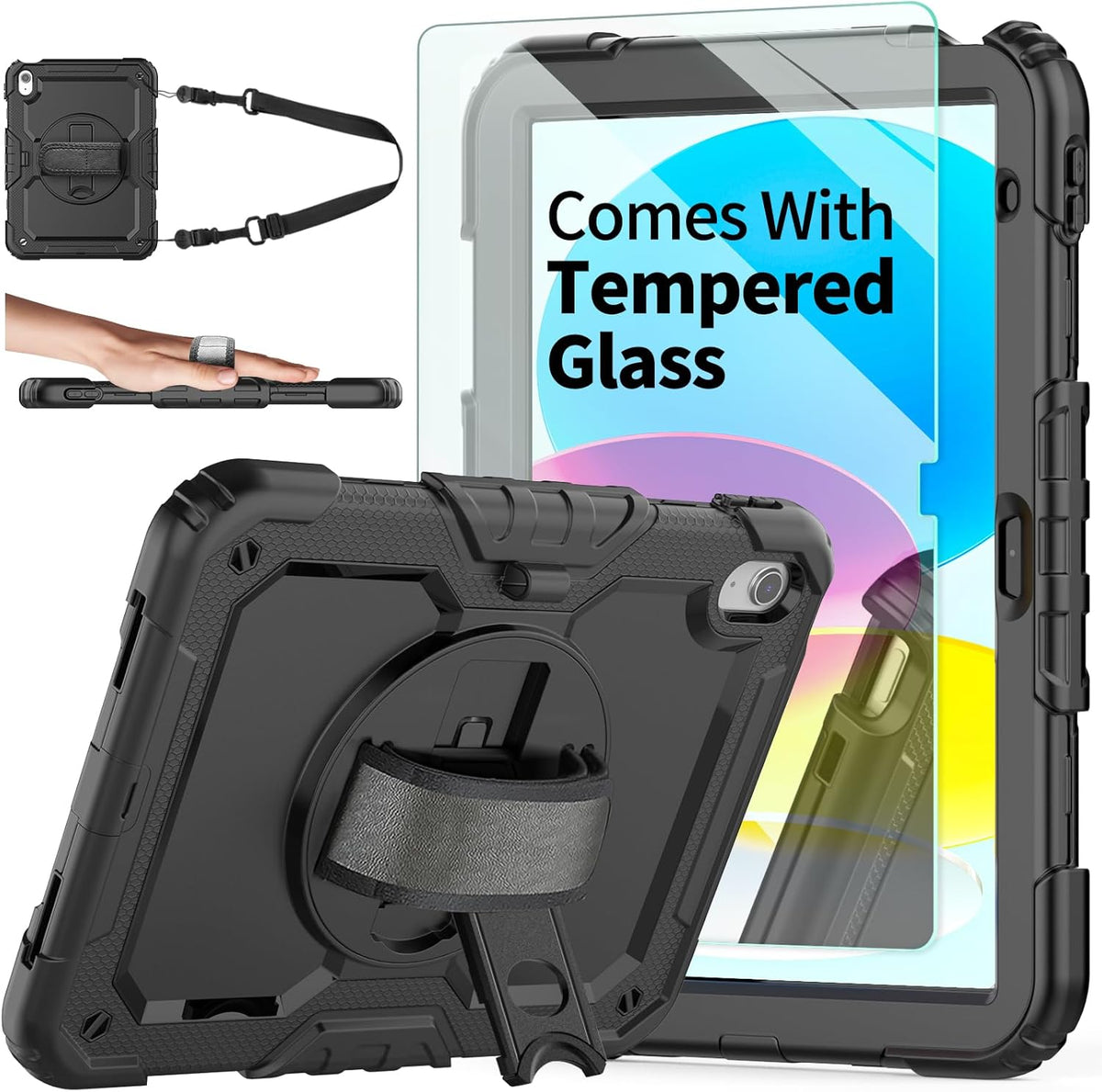 Funda Ambison para iPad (A16) de 11.ª/10.ª generación de 11''/10,9'' (2025/2022), [a prueba de niños] Funda protectora integral con protector de pantalla de vidrio templado 9H, soporte giratorio de 360° y correa de mano (negra).