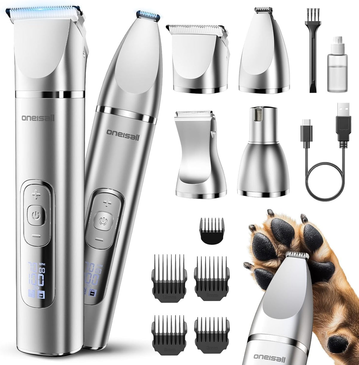 Set de cortapelos para perros Oneisall 4 en 1 para cuerpo, patas, ojos, orejas y uñas.