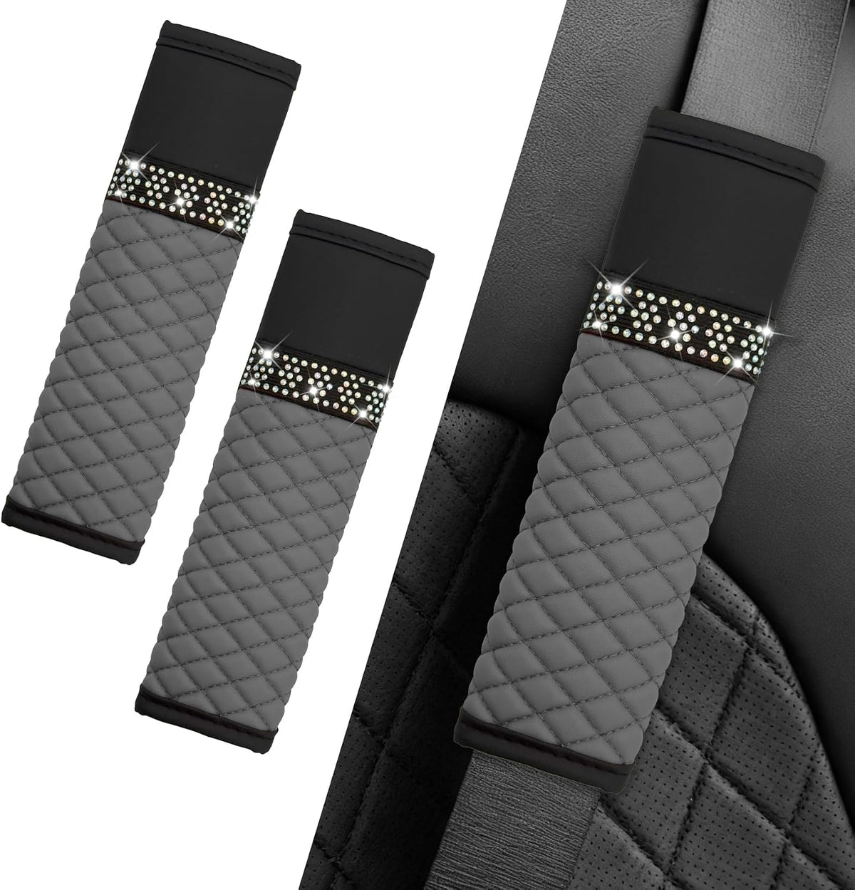 Surosha 2 fundas para cinturón de seguridad de coche, cojín para cinturón de seguridad, almohadillas de cuero transpirables para los hombros que protegen el cuello, accesorios para coche (negro y gris)