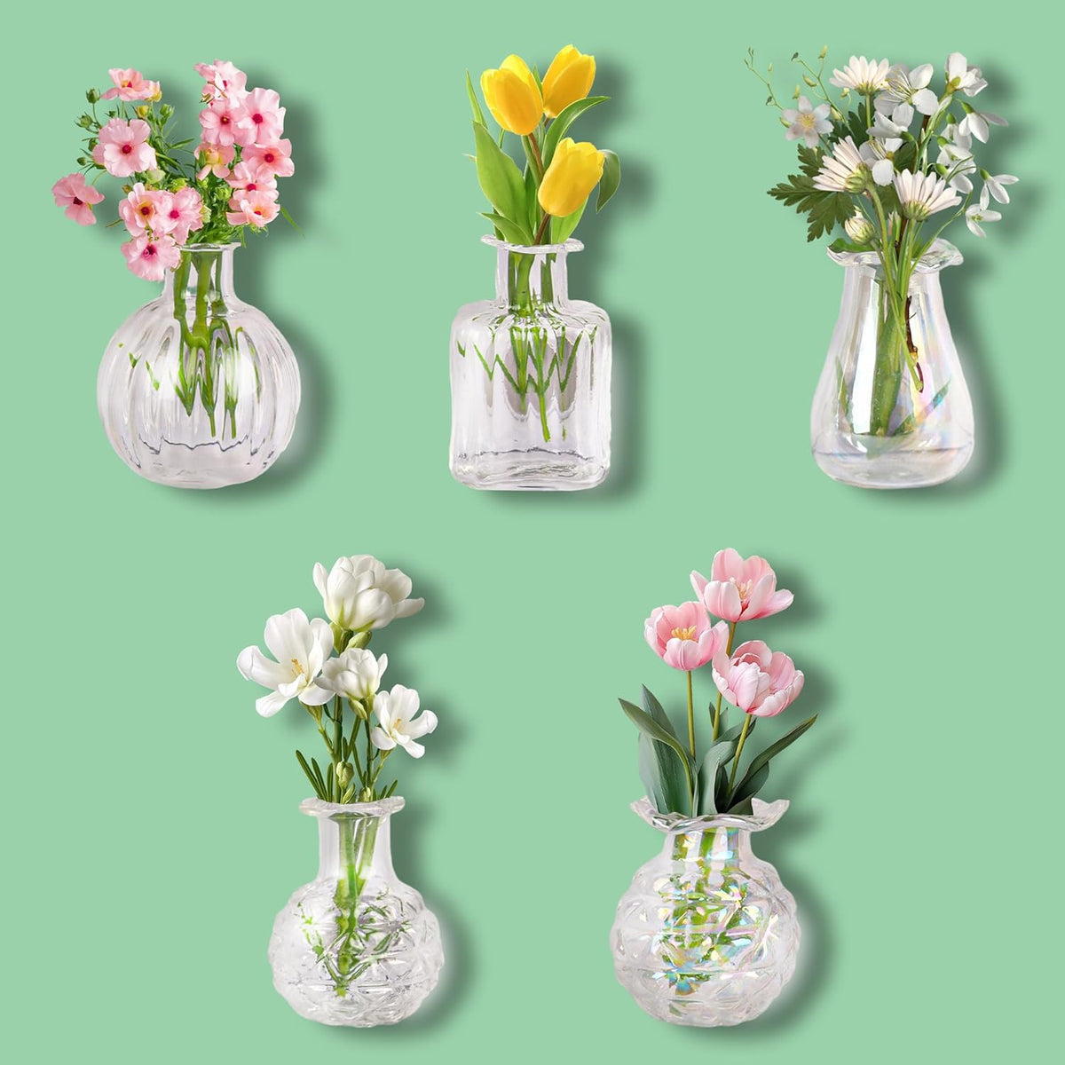 Imanes pequeños y bonitos de ZOYVUX para nevera, pequeños jarrones de cristal con flores, decoración magnética para nevera, cocina, oficina y taquilla (paquete de 5).