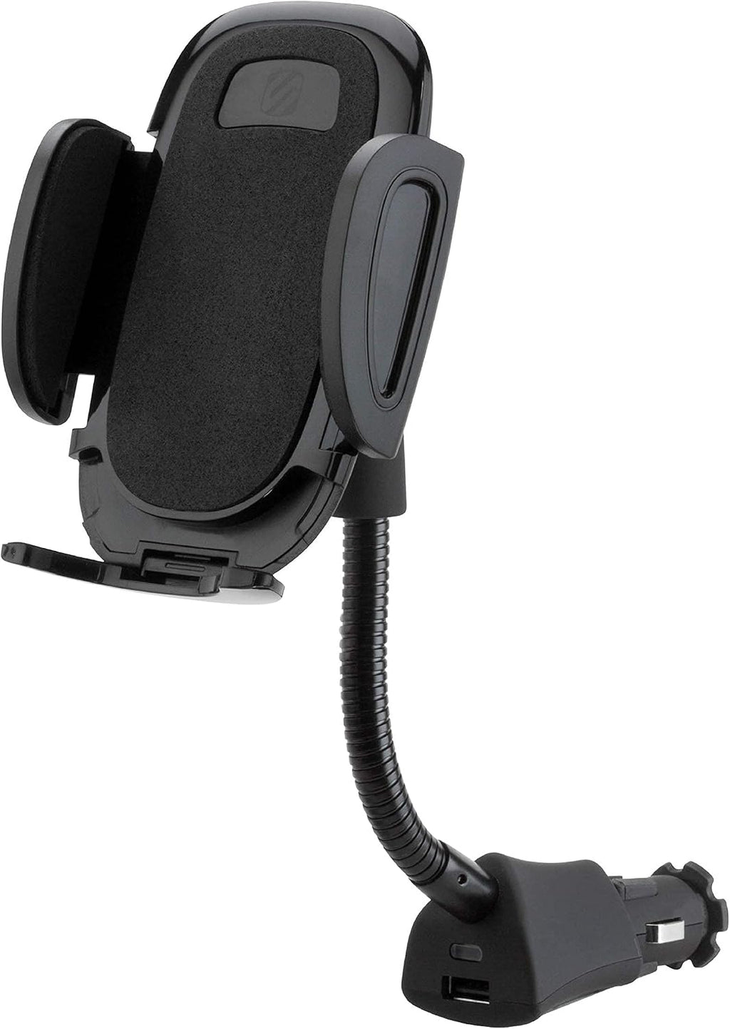 Soporte universal para teléfono móvil Scosche de 12 V para coche con cargador USB, soporte para teléfono con adaptador para encendedor de cigarrillos para enchufe de 12 V, brazo flexible, soporte ajustable para teléfonos móviles iPhone y Android.