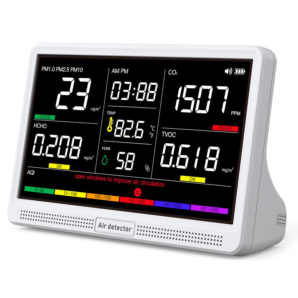 Monitor de calidad del aire interior 16 en 1 con pantalla de 7", batería extendida de 12 horas de duración, medidor profesional de calidad del aire para CO2, TVOC, PM2.5, PM1.0, PM10, HCHO, temperatura, humedad, AQI y tiempo.
