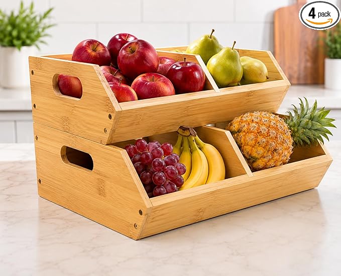 Canastas Organizadoras de Bambú Apilables para Cocina y Despensa | 2 Pack