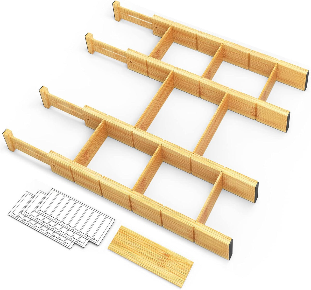 Divisores de Gavéta de Bambú SpaceAid | 4 Divisores + 9 Insertos Ajustables 43-56 cm con Etiquetas – Organizador para Cocina, Hogar y Oficina