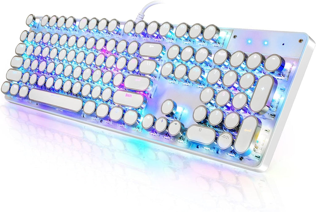 Teclado mecánico para juegos estilo máquina de escribir, retroiluminado RGB, con cable e interruptor azul, teclas redondas retro de 104 teclas (blanco, 104 teclas RGB) 