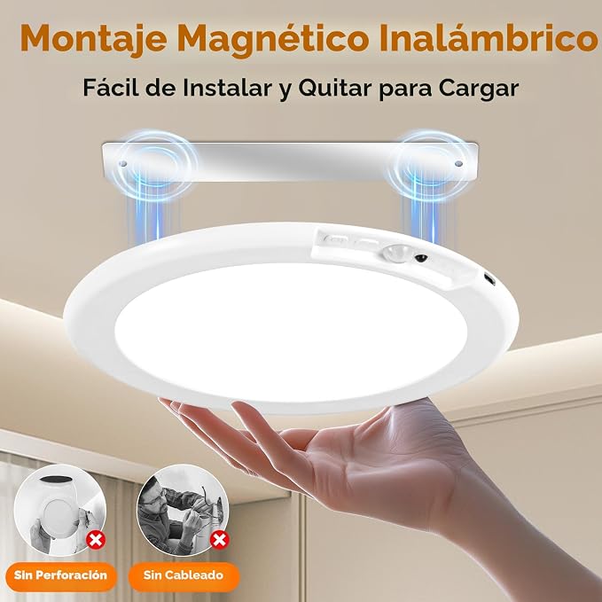 Luz de techo recargable con sensor de movimiento y control remoto, luz de armario operada por batería sin cableado, luces de ducha LED inalámbricas, lámpara de techo interior regulable de 3 colores