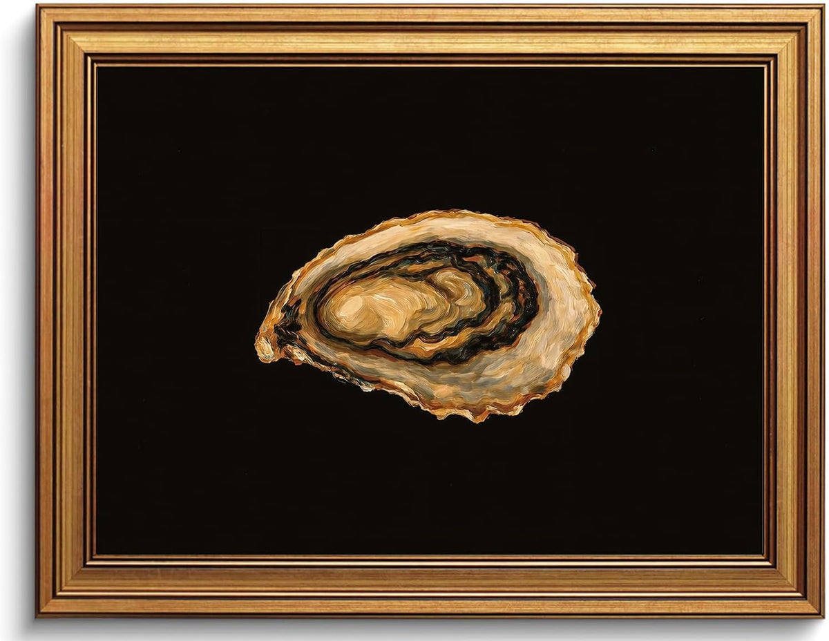 Cuadros de pared con marco dorado, estilo vintage, ideales para la cocina. Láminas de arte en lienzo con motivos costeros de ostras. Decoración de pared con imágenes de comida playera para el comedor. Tamaño: 30 x 40 cm (12 x 16 pulgadas).
