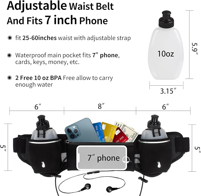 PYFK Cinturón para correr con botellas de agua, cinturón de hidratación para hombres y mujeres, soporte para botella de agua, bolsa para correr, cinturón de agua, riñonera para teléfonos de 7 pulgadas