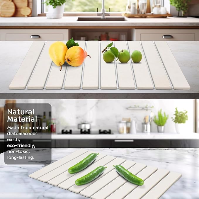 Tapete Secaplatos de Tierra Diatomácea 24x16 Pulgadas — Ultra Absorbente, Plegable y Secado Rápido para Cocina — PRESENTA MANCHAS, VER FOTOS