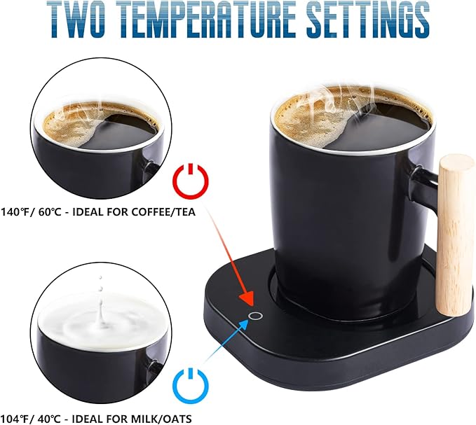 HOWAY Juego de calentador de café y taza, calentador de taza para control de temperatura de escritorio y apagado automático inteligente, 14 onzas, dos temperaturas