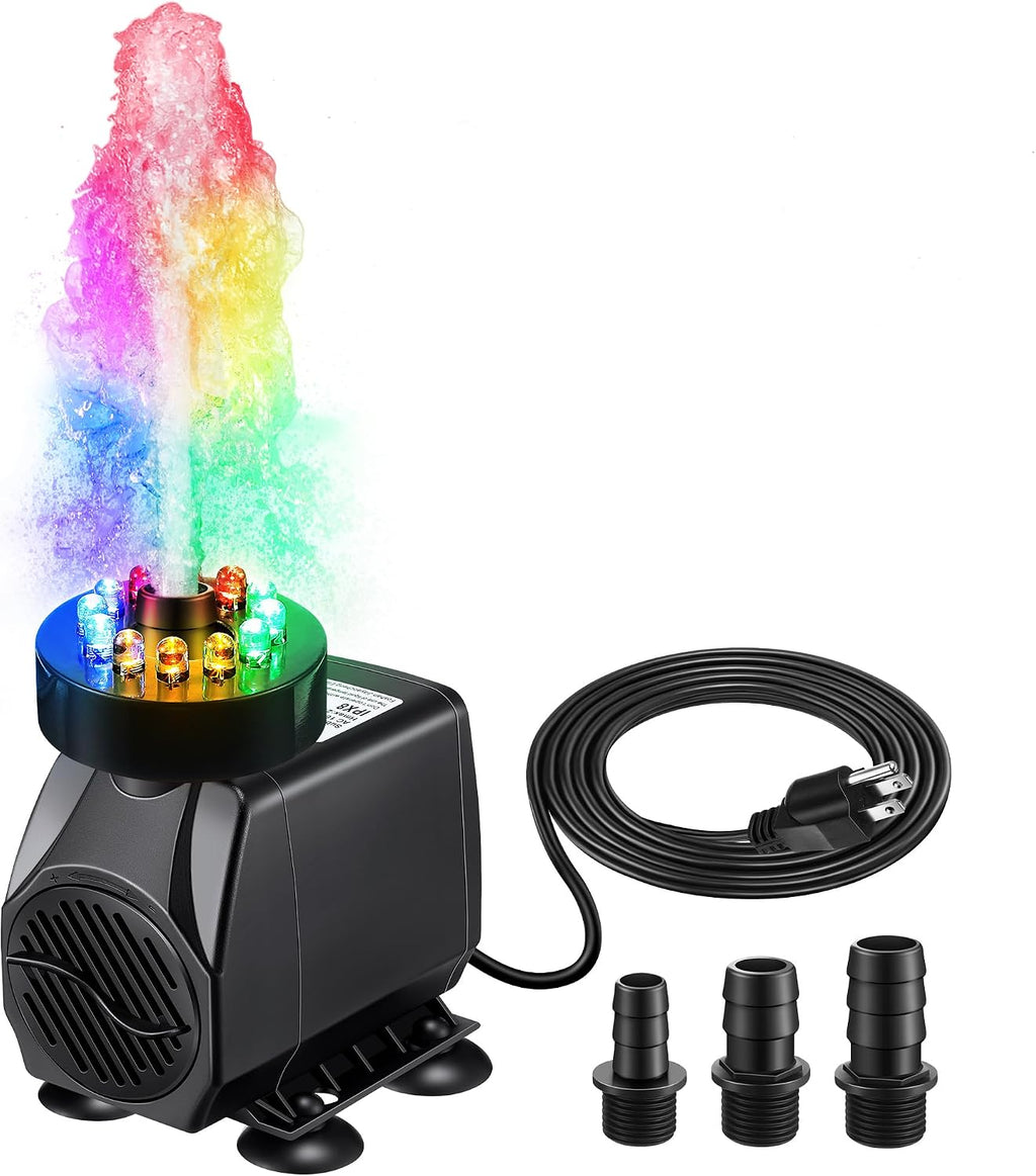 Bomba de agua sumergible de 45 W y 2700 l/h para fuente con luz, altura de elevación de 2,7 m, bomba ultra silenciosa con 3 boquillas para jardines exteriores, peceras, estanques y decoración de acuarios.