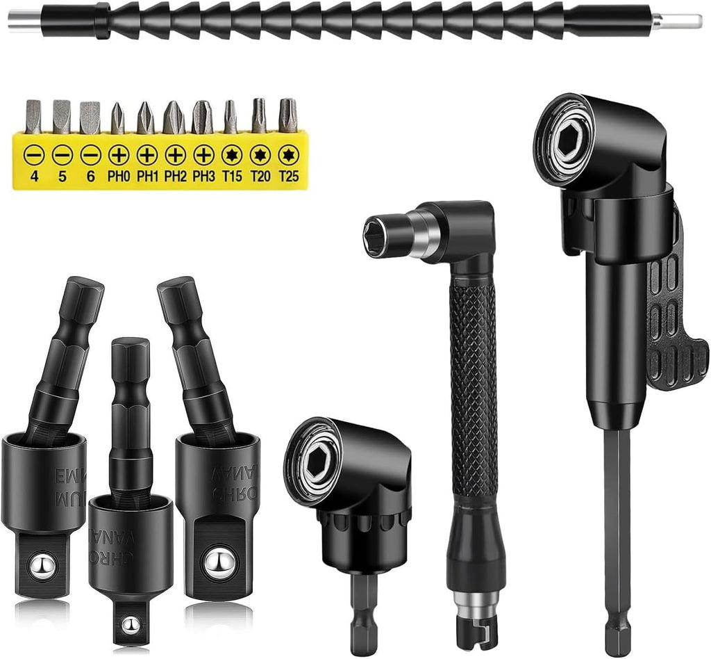 105 Degree Right Angle Drill Adapter, Multifunction 90 Degree Drill Attachment & Right Angle Screwdriver, Solid Construction Corner Tool (17Pcs)