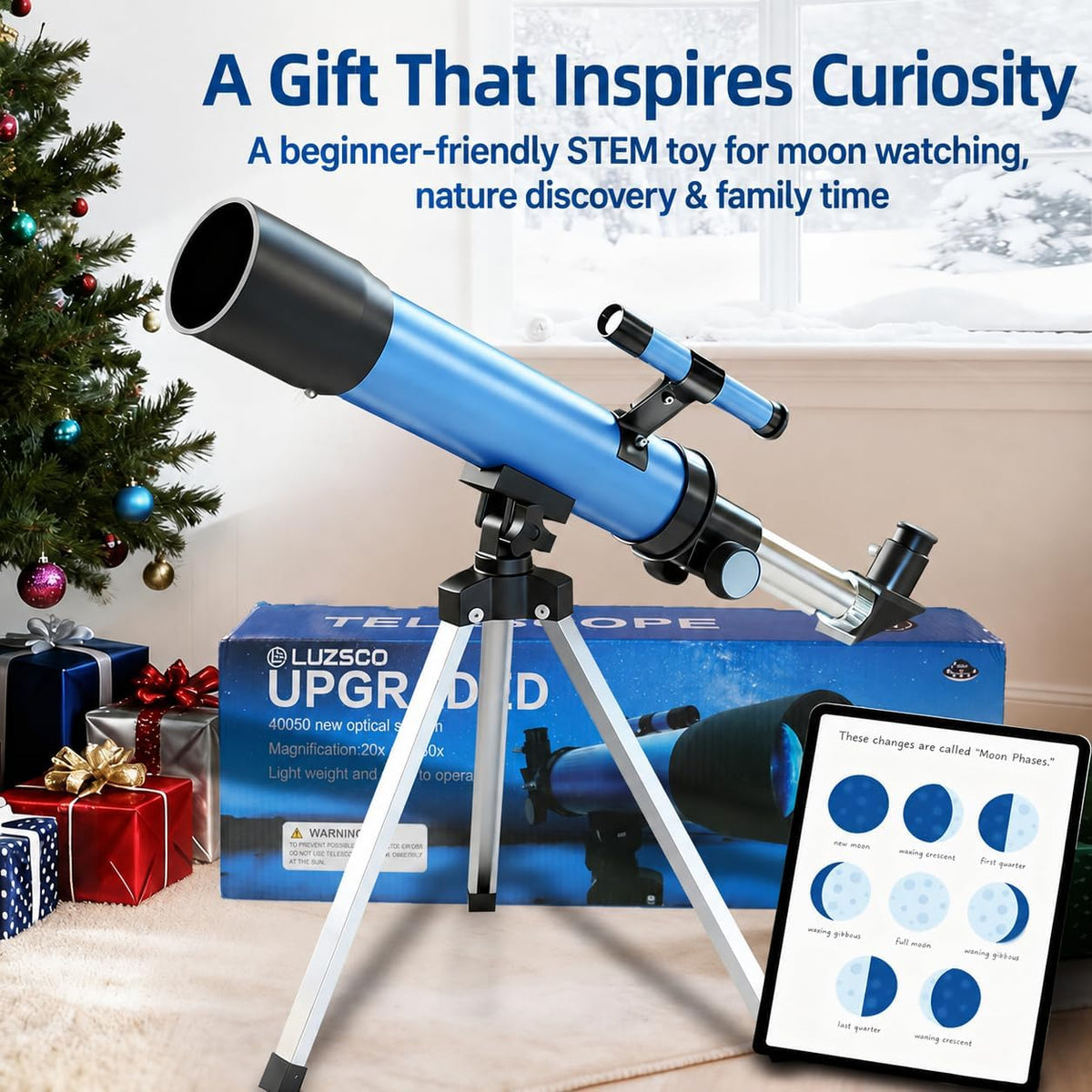 Telescopio para niños, telescopio de 50 mm con aumento de 100x para principiantes, incluye trípode.