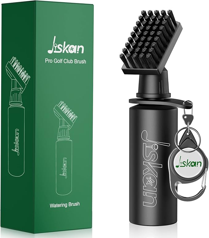 iskan Limpiador de Cepillo para Palos de Golf Pro con Clip Retenedor y Botella de Agua Exprimible de 7.5 Pulgadas Contiene 4 Onzas de Agua, Accesorios Esenciales de Golf para Hombres, Los Mejores