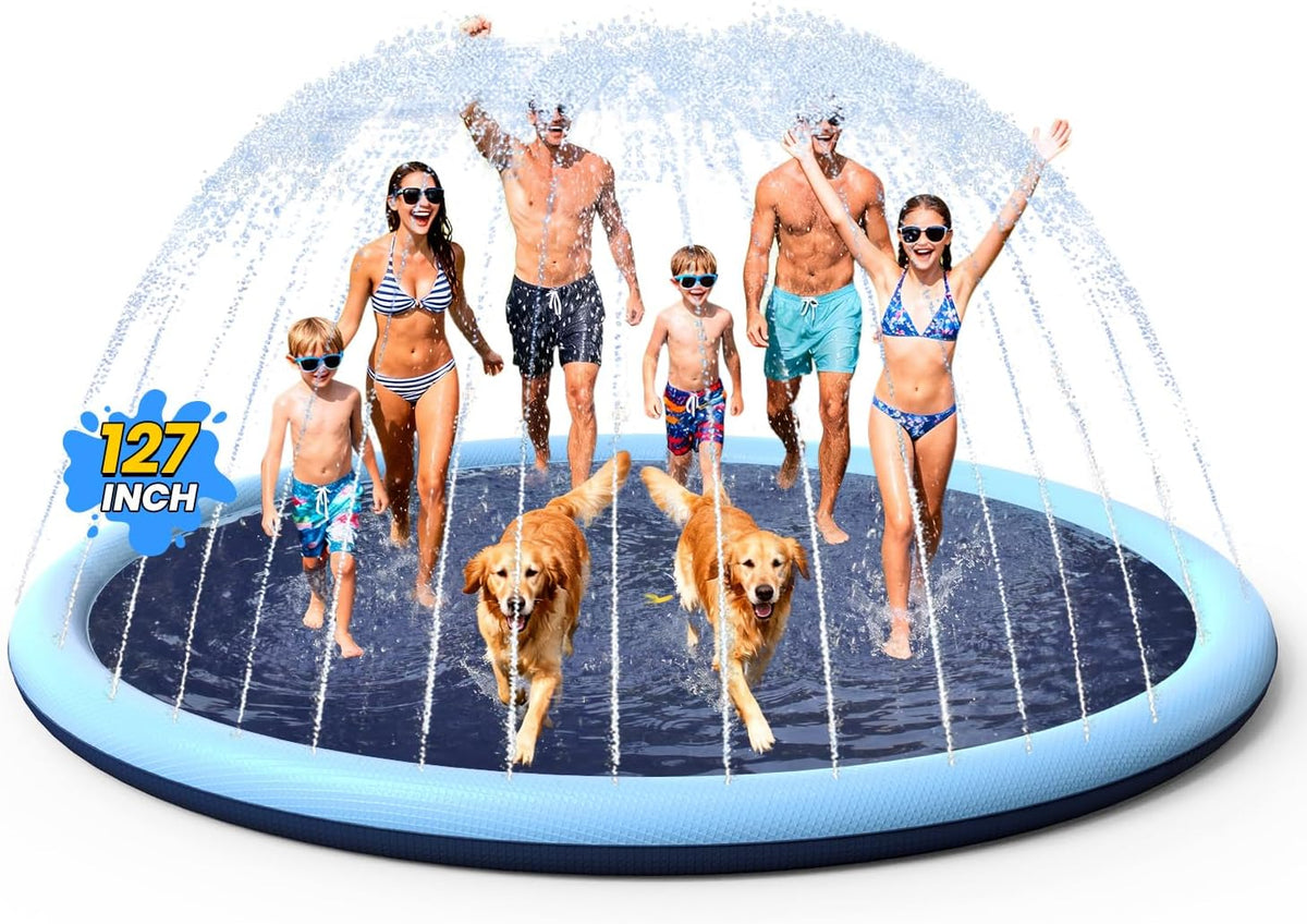 USADO-Alfombra de juegos acuáticos antideslizante VISTOP para niños y perros, con rociador grueso para piscina, juguetes acuáticos de verano para exteriores: divertida alfombra de juegos con fuente para bebés, niñas, niños o mascotas (127 pulgadas, azul y
