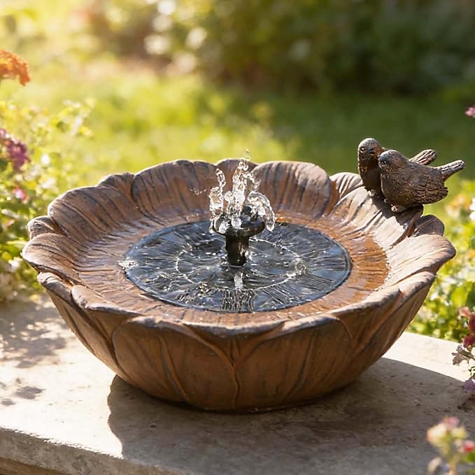 Baño solar para pájaros con forma de girasol y pájaro dormido