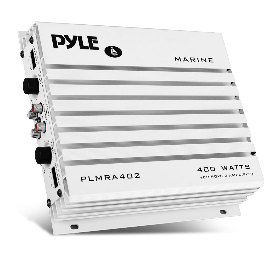 Amplificador Pyle Hydra Marine de 400 W y 4 canales - Resistente al agua con fuente de alimentación MOSFET dual - Controles de nivel de ganancia - Entrada RCA - Indicador LED - Diseño compacto para audio de embarcaciones/vehículos - PLMRA402