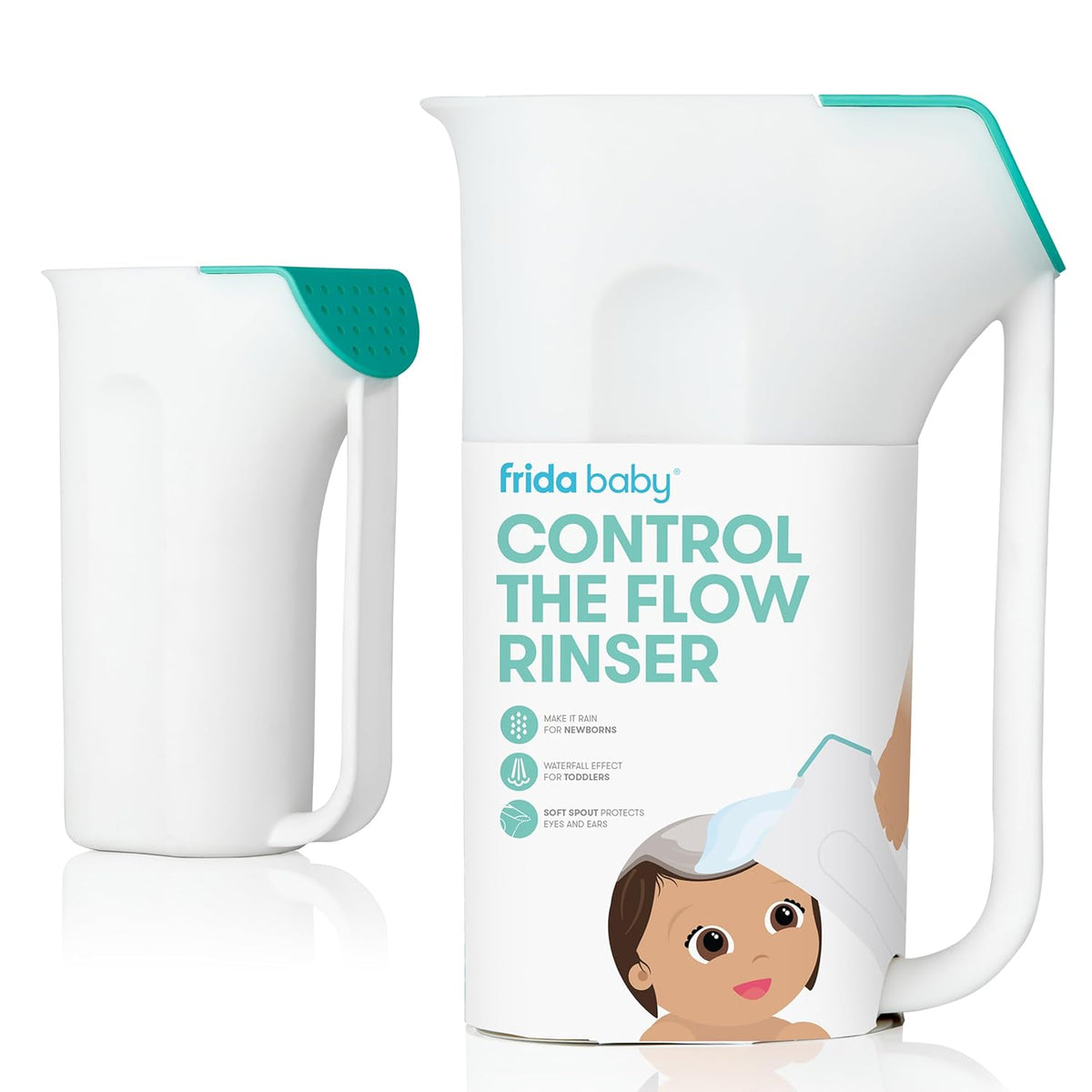 Taza de Enjuague para Baño Frida Baby Control The Flow, Enjuagador Sin Lágrimas para Lavar Cabello y Cuerpo con Asa de Agarre Fácil y Ducha de Lluvia Extraíble, Fabricado en EE.UU.