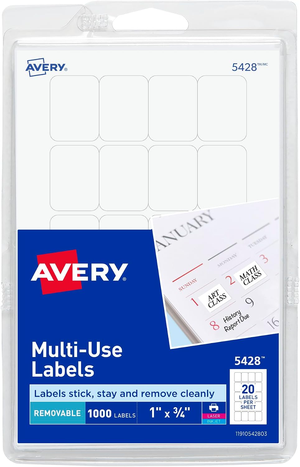 Etiquetas Removibles Autoadhesivas Avery | 1.9x2.5cm | Blancas | 50 hojas | 5428