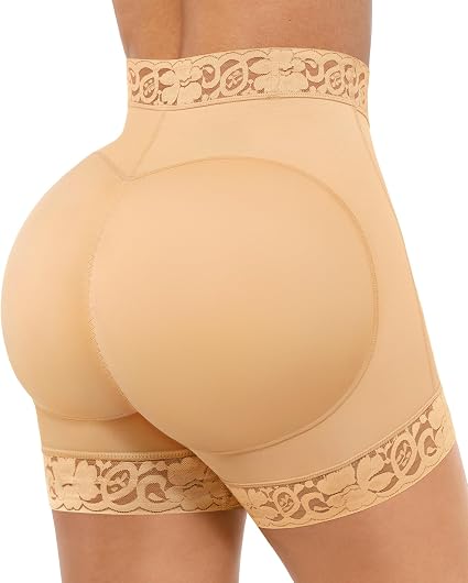 FeelinGirl Pantalones cortos moldeadores con control de abdomen, levantador de glúteos, de talle medio, con encaje, ropa interior, color piel, talla S