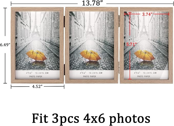 Marco de fotos triple con bisagras de 4x6 para 3 fotos, marcos de fotos plegables con vidrio y soporte vertical, veta de madera