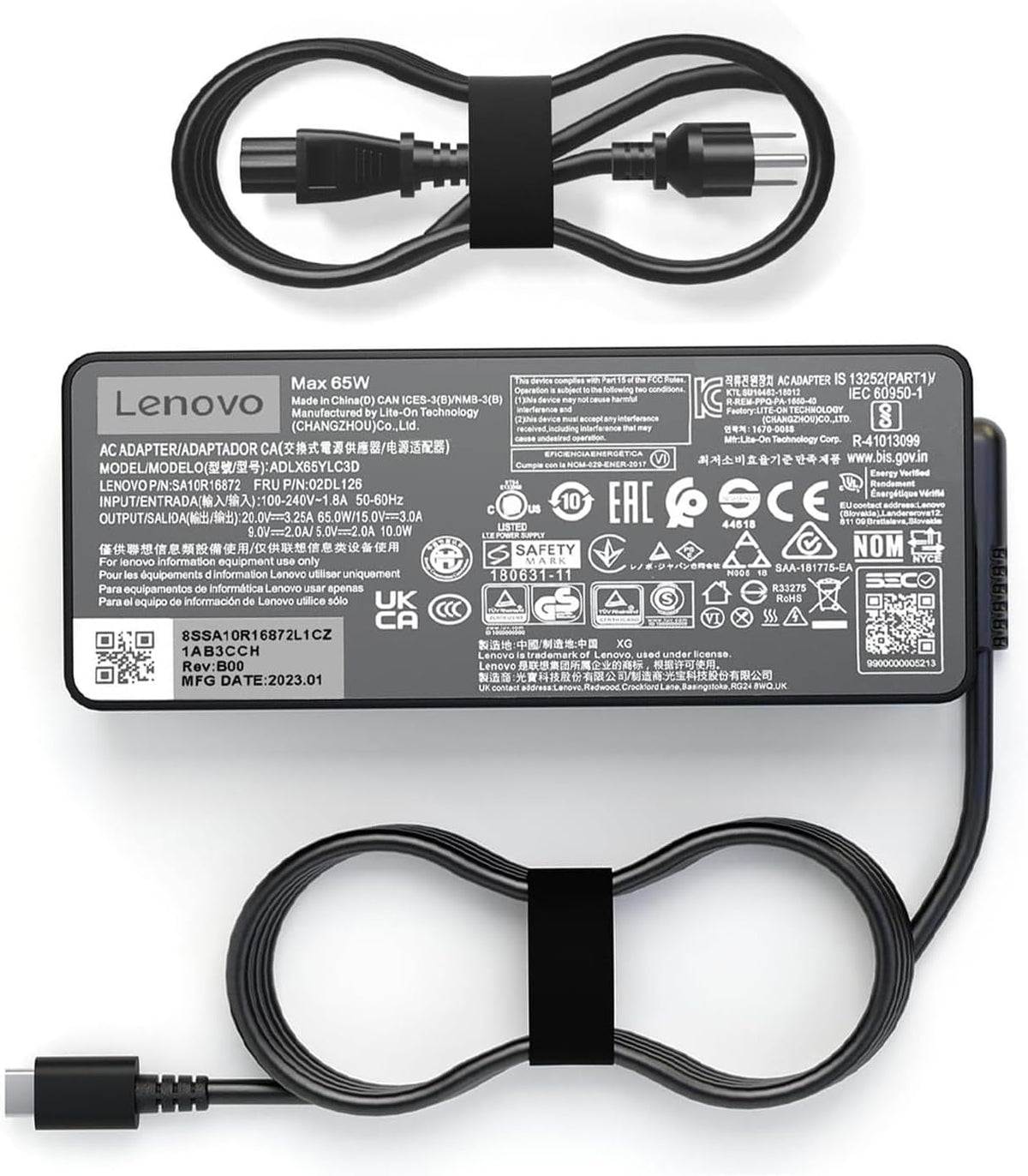 Cargador de CA USB C tipo C de 65 W compatible con Lenovo ThinkPad E580 E585 E590 E590S E595 T480 T490 T580 Yoga C940 C740 thinkbook ADLX65YCC3A.
