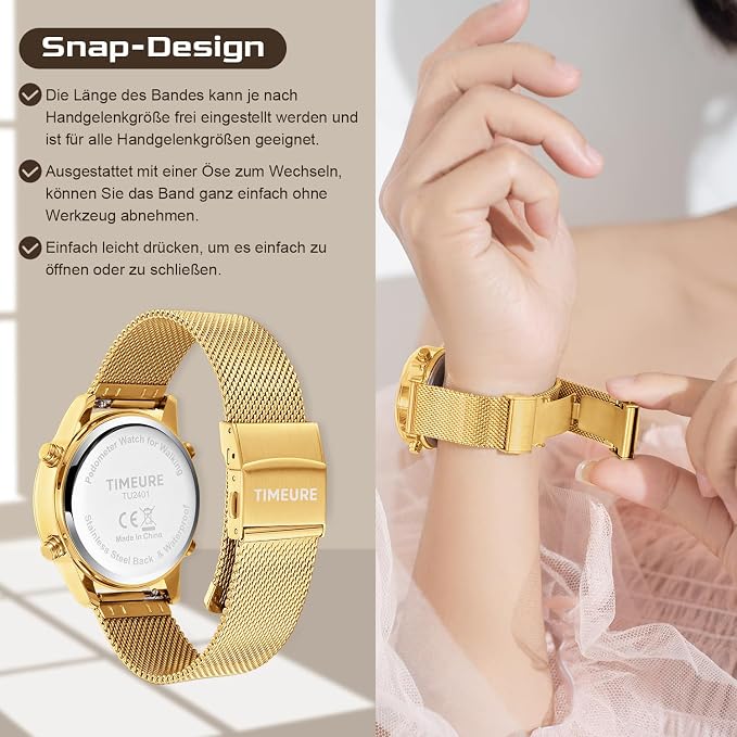 Reloj Podómetro para Mujer TIMEURE TU-2401 – Pulsera de Acero Inoxidable Dorada, Sin App ni Carga