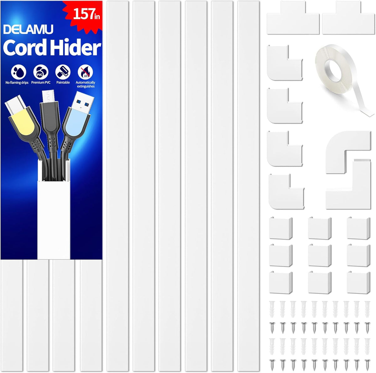 ⚠️ SOLO INCLUYE 1 ROLLO DE DOBLE ADHESIVO | Cubierta Cable Delamu Protector 399 cm para Pared, Cubierta Premium Gestión Cables, Canaleta TV, 2.4x1.4 cm, Blanca