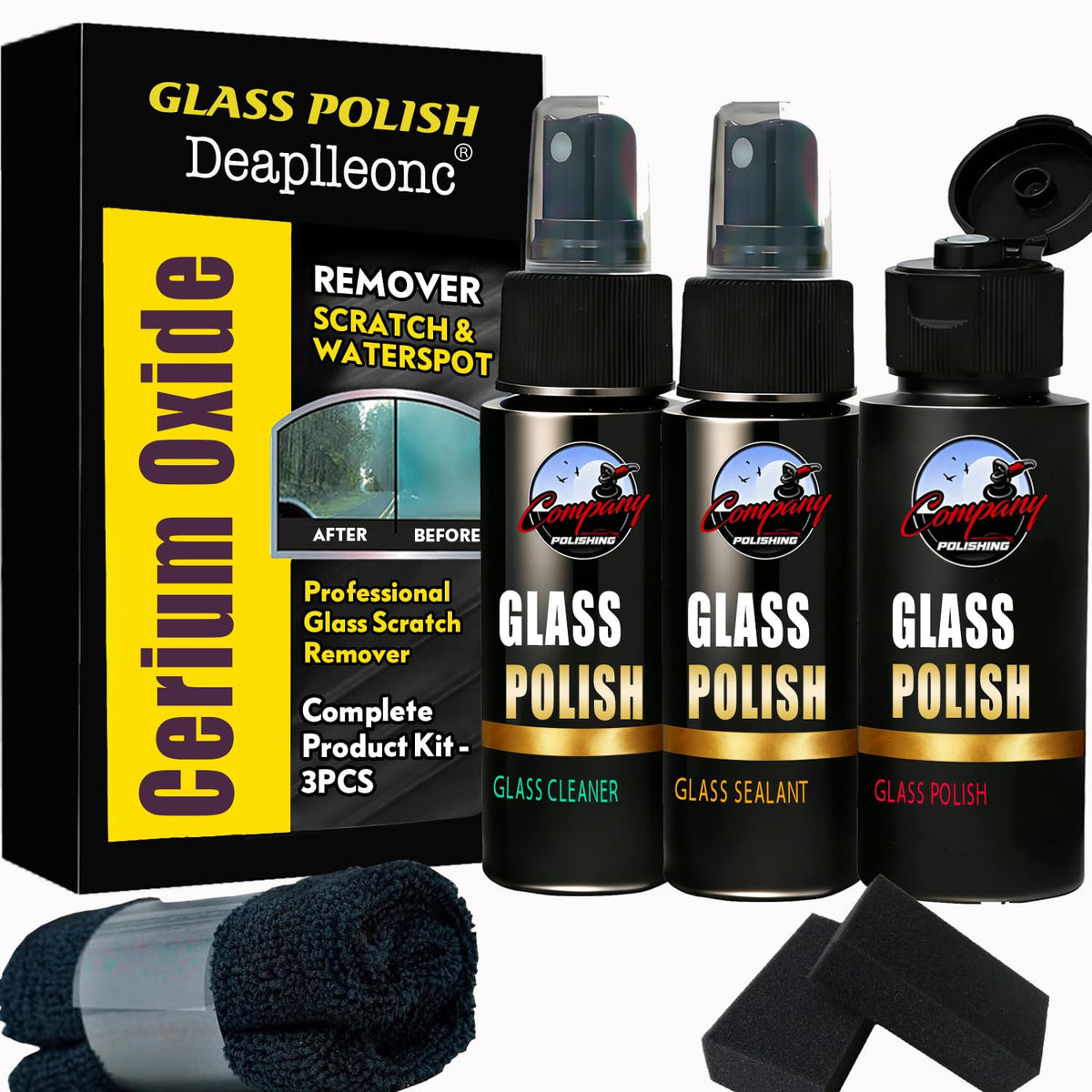 Kit de pulido de vidrio con óxido de cerio, removedor de rayones para parabrisas: restaura la claridad y elimina marcas de limpiaparabrisas, remolinos y manchas de agua. Kit completo para hacerlo usted mismo.