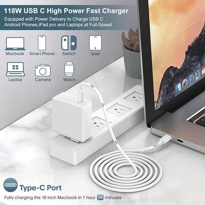 Cargador USB-C 118W para MacBook Pro y Air – Carga Rápida, Compatible M1 M2 M3 M4 M5, iPad Pro y Samsung, con Cable