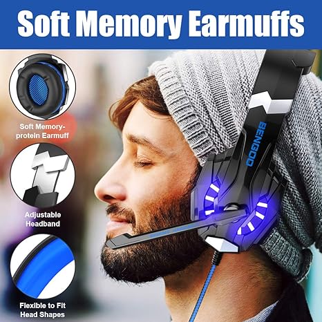 BENGOO G9000 - Auriculares de diadema estéreo para juegos para PS4, PC, Xbox One, control de PS5, con cancelación de ruido, micrófono, luz LED, sonido envolvente 7.1, orejeras de memoria suave