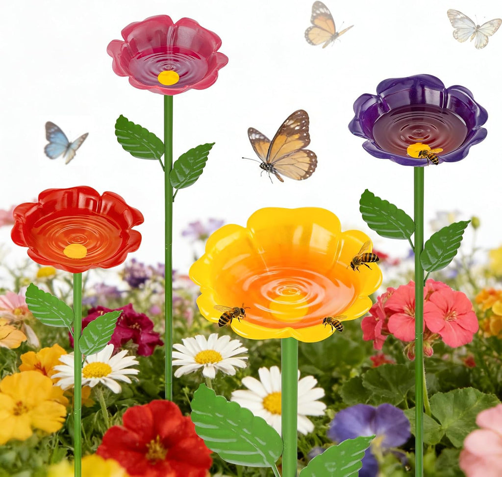Estación de riego para abejas Mellbree, paquete de 4 bebederos de metal con forma de flor para abejas para jardín, mariposas y polinizadores, estacas coloridas para jardinería al aire libre para patio, jardín de mariposas