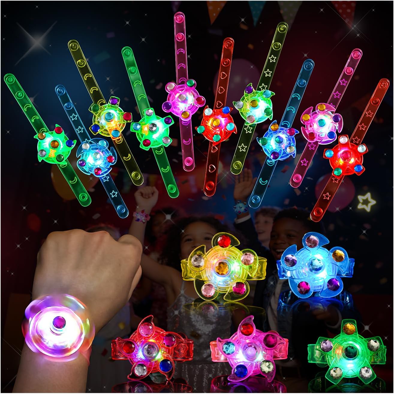 SCIONE - Paquete de 24 pulseras LED Fidget Spinner con luz, regalos de fiesta que brillan en la oscuridad para niños de 4 a 8 años y de 8 a 12 años, juguetes para cofres de tesoros, regalos de cumpleaños, premios de carnaval y bolsas de regalo de Pascua. 