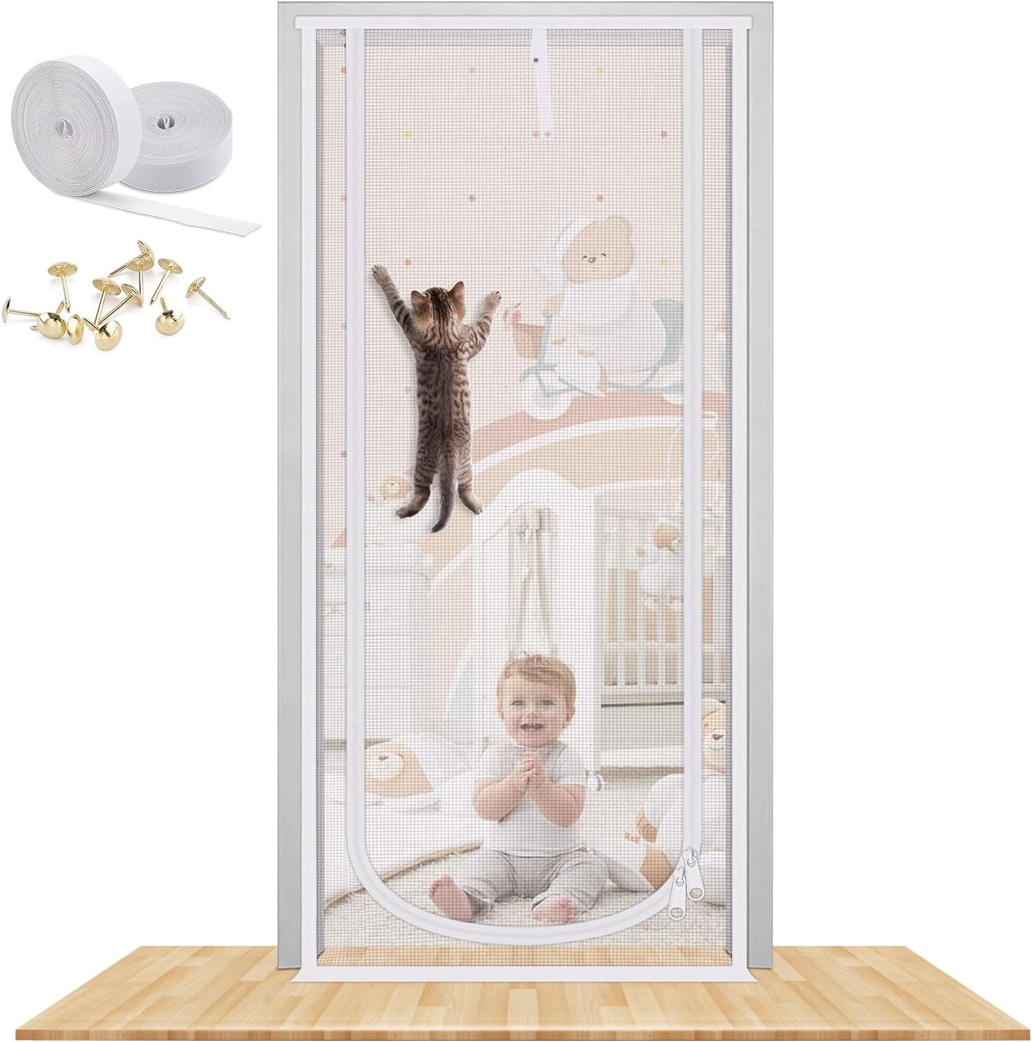 Reinforced Cat Screen Door, 40X84” Heavy Duty Pets Proof Screen Door with Bilateral Zipper, Prevent Dogs Cats Running Out from Home, Bedroom, Living Room, Kitchen Patio Door (White)